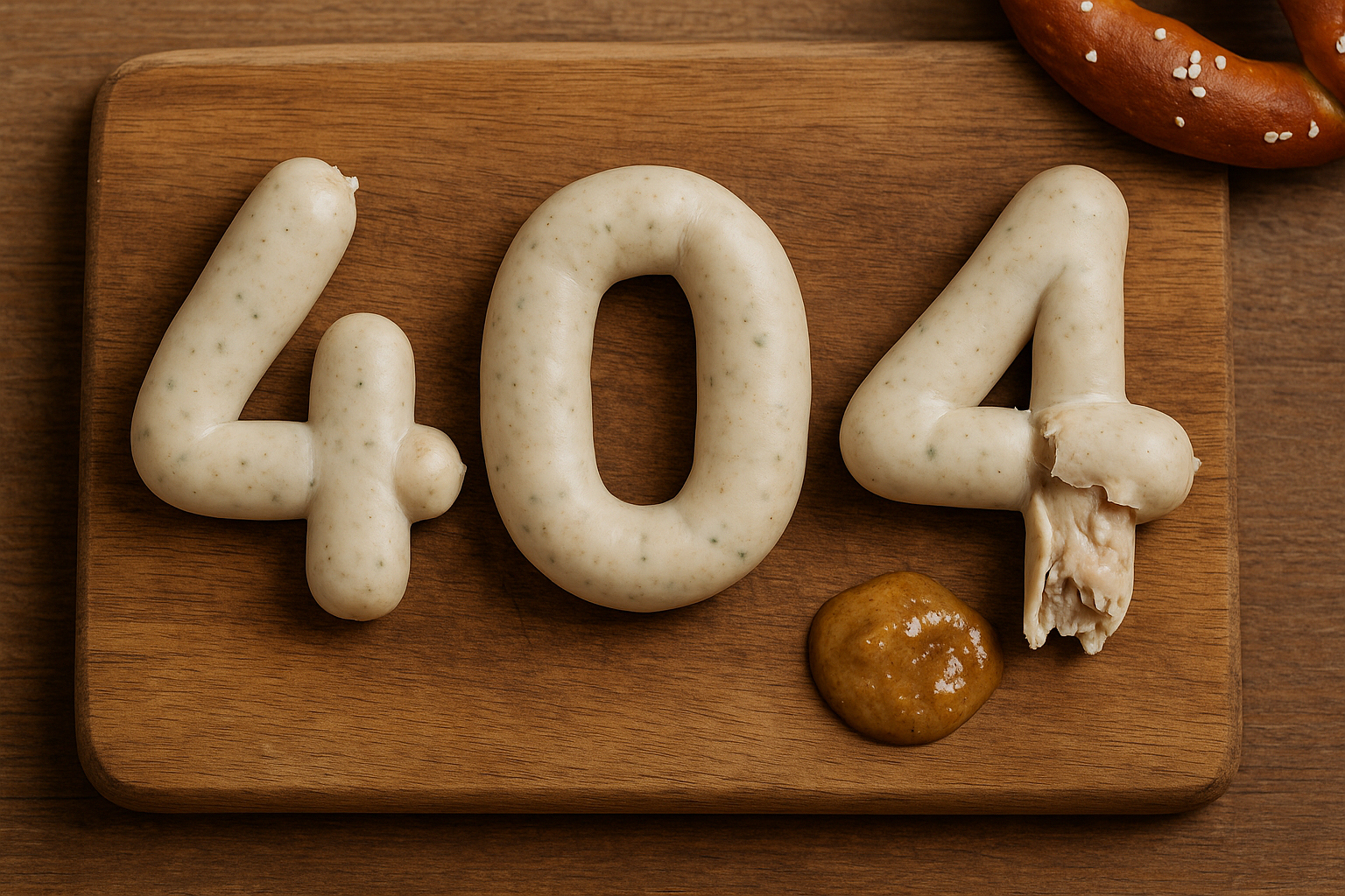 Die Zahl 404 aus Weißwürsten auf einem Holzbrett gelegt, eine Wurst ist aufgeplatzt, daneben Senf und eine Brezn.