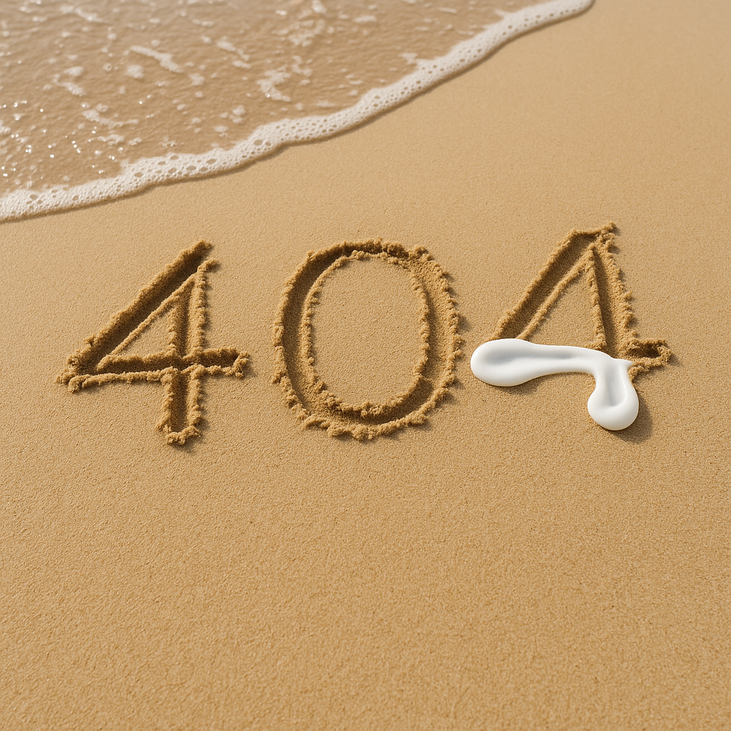 Número 404 escrito en la arena de la playa, parcialmente cubierto con crema solar.