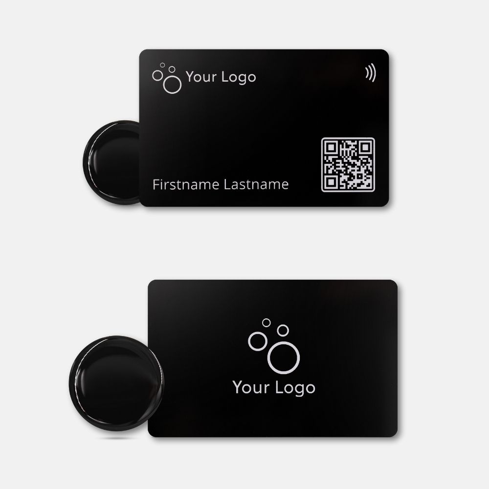 R-PVC NFC Classic Bundle from baningo, including a classic card and an epoxy sticker in black, showing both sides