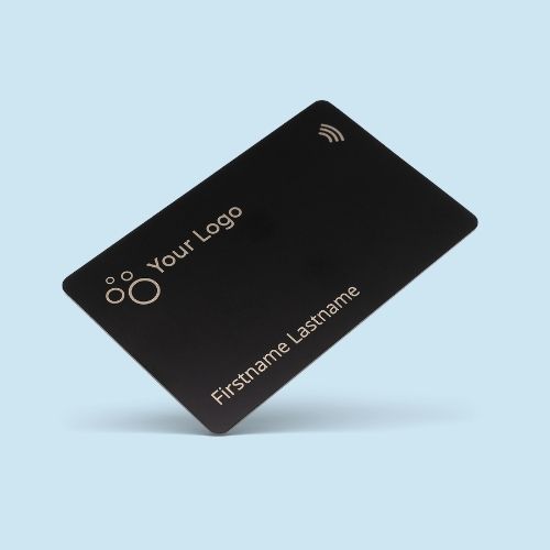 NFC Business Card Metal on baningo-blue background