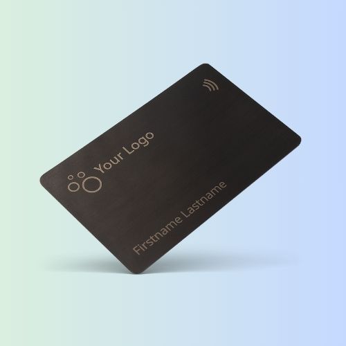 Brushed Metal Grey NFC Business Card on blue gradient background