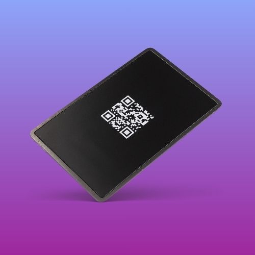 Brushed Metal Grey NFC Business Card on purple gradient background