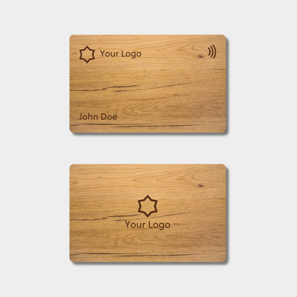 NFC business card made of oak wood from Austria, laser-engraved on both sides with name and logo