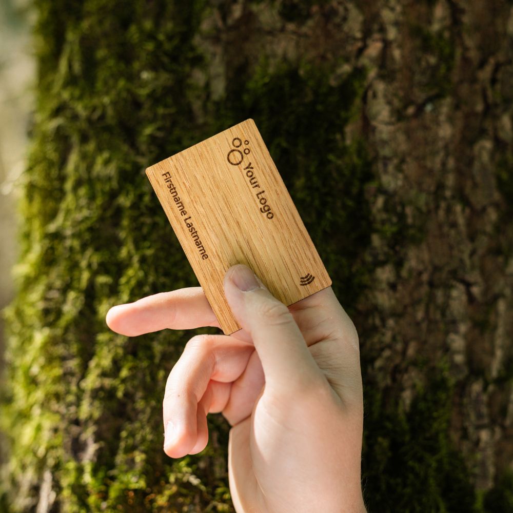 NFC Business Card Oak Wood, handheld