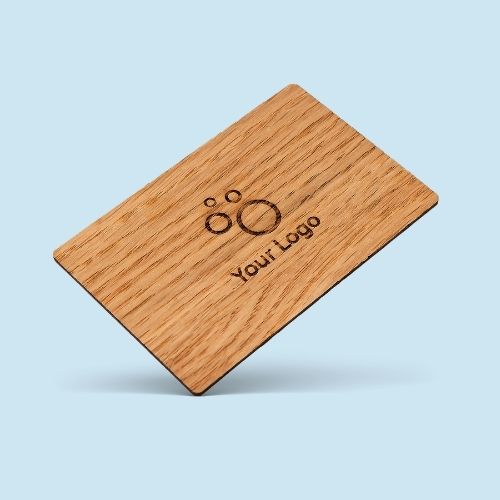 NFC Business Card Oak Wood on baningo-blue background