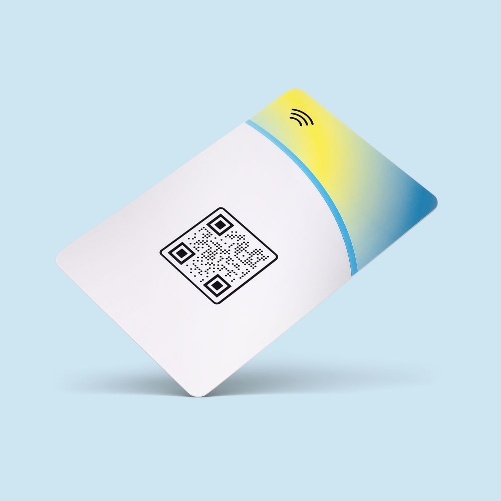 R-PVC Premium Edition NFC business card on blue background